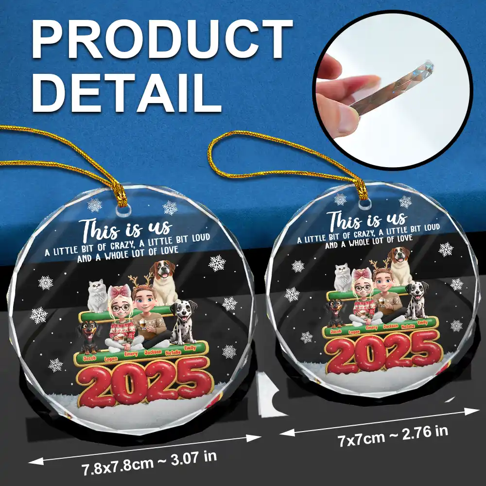 This Is Us Couple With Kids And Dogs Cats 3D Effect - Personalized Circle Glass Ornament - Image 6