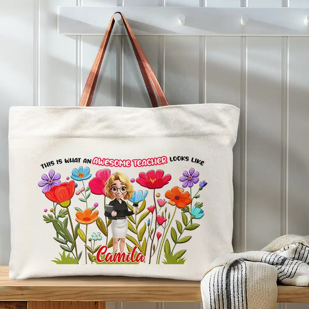 This Is What An Awesome Teacher Looks Like - Personalized Leather Handle Tote Bag - Image 3