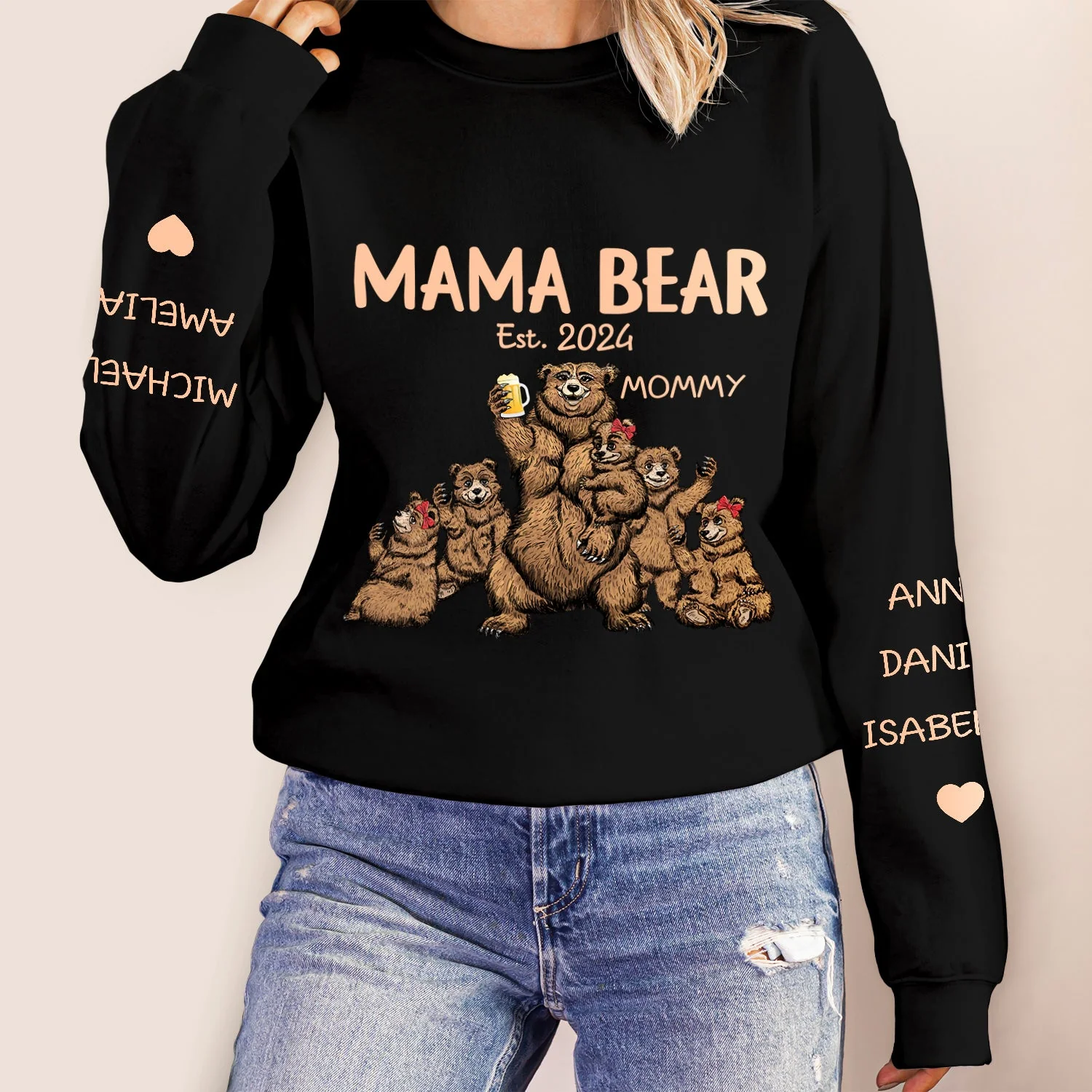 This Mama Bear Wears Her Heart - Gift For Mom, Nana - Personalized Unisex Sweatshirt With Design On Sleeve - Image 5