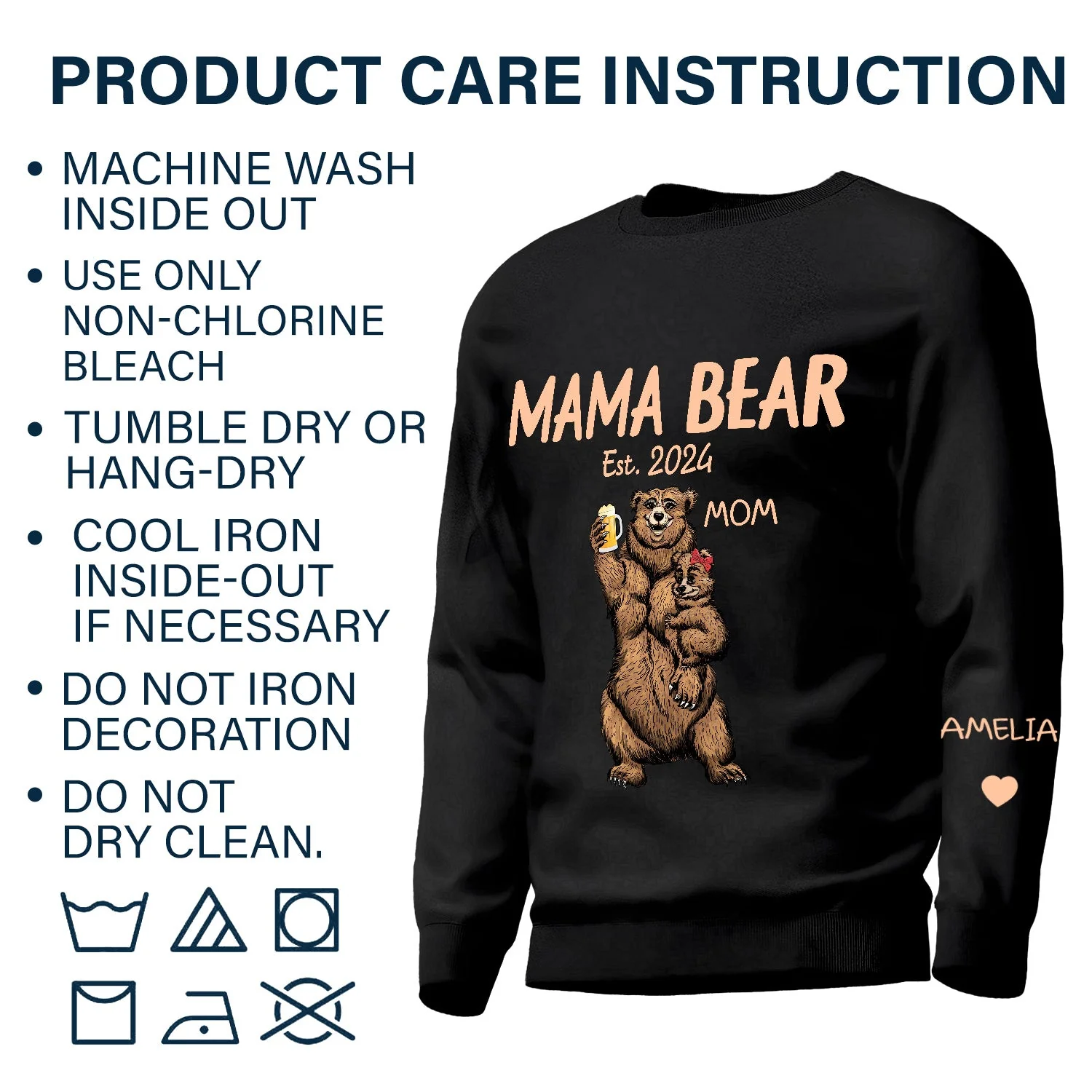 This Mama Bear Wears Her Heart - Gift For Mom, Nana - Personalized Unisex Sweatshirt With Design On Sleeve - Image 6