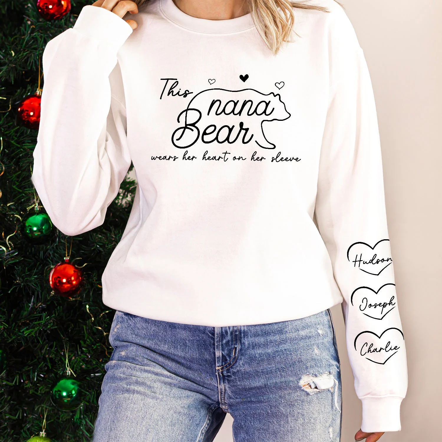 This Mama Bear Wears Her Heart On Her Sleeve - Gift For Mom - Personalized Sweatshirt With Sleeve Imprint - Image 5