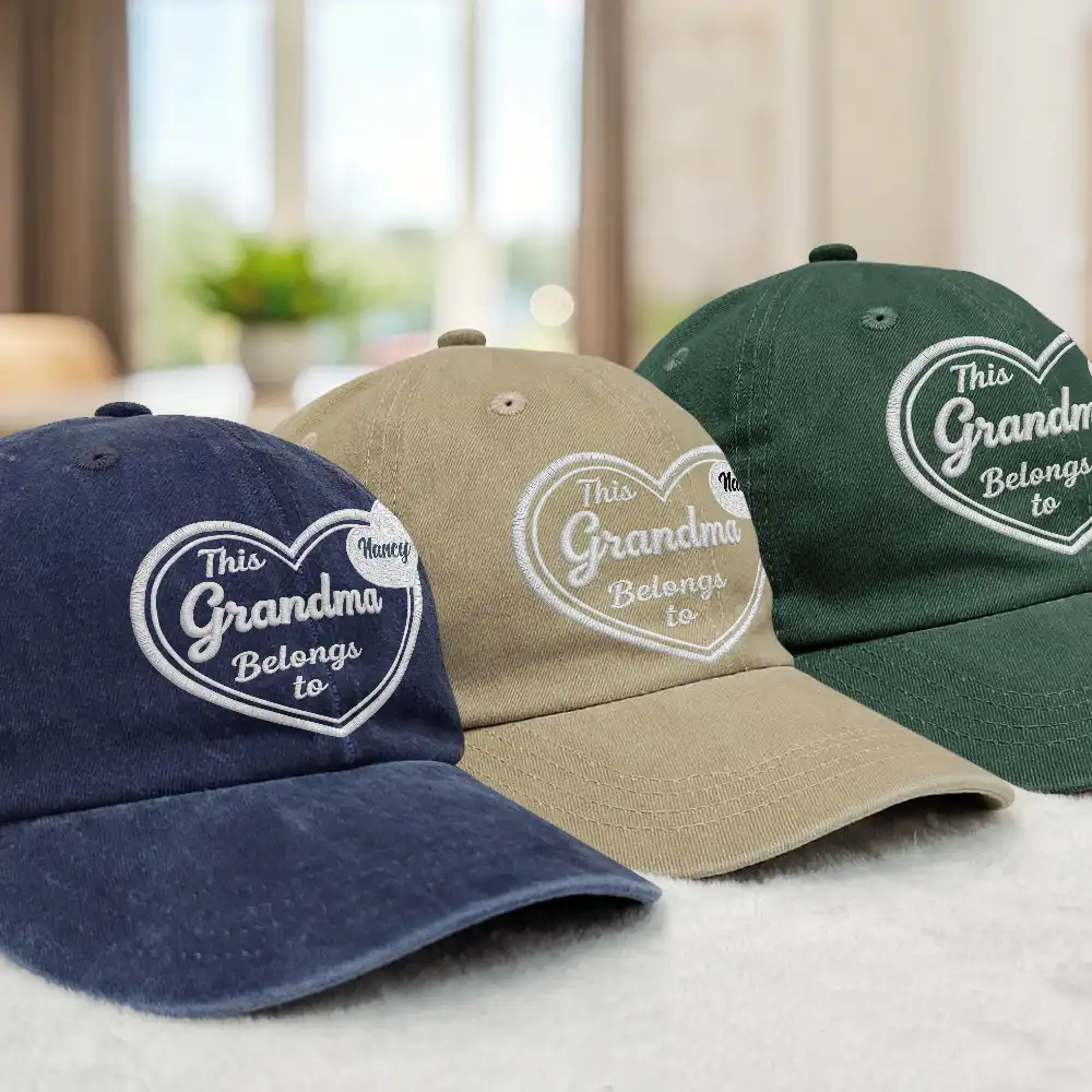 This Mom Belongs To 3D Embroidery Effect - Personalized Vintage Washed Denim Cap - Image 3