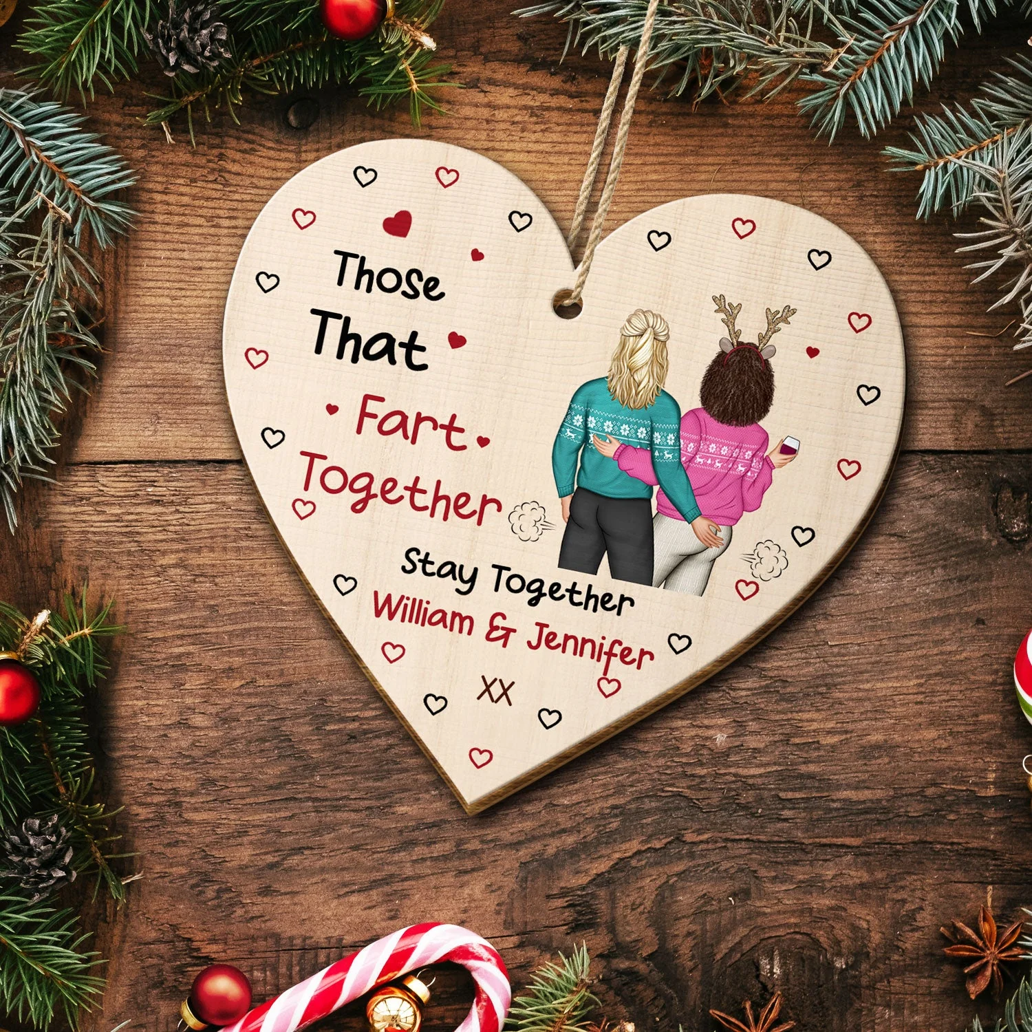 Those That Fart Together Stay Together - Funny Christmas Gift For Couples, Husband, Wife, Girlfriend, Boyfriend - Personalized Custom Shaped Wooden Ornament - Image 5