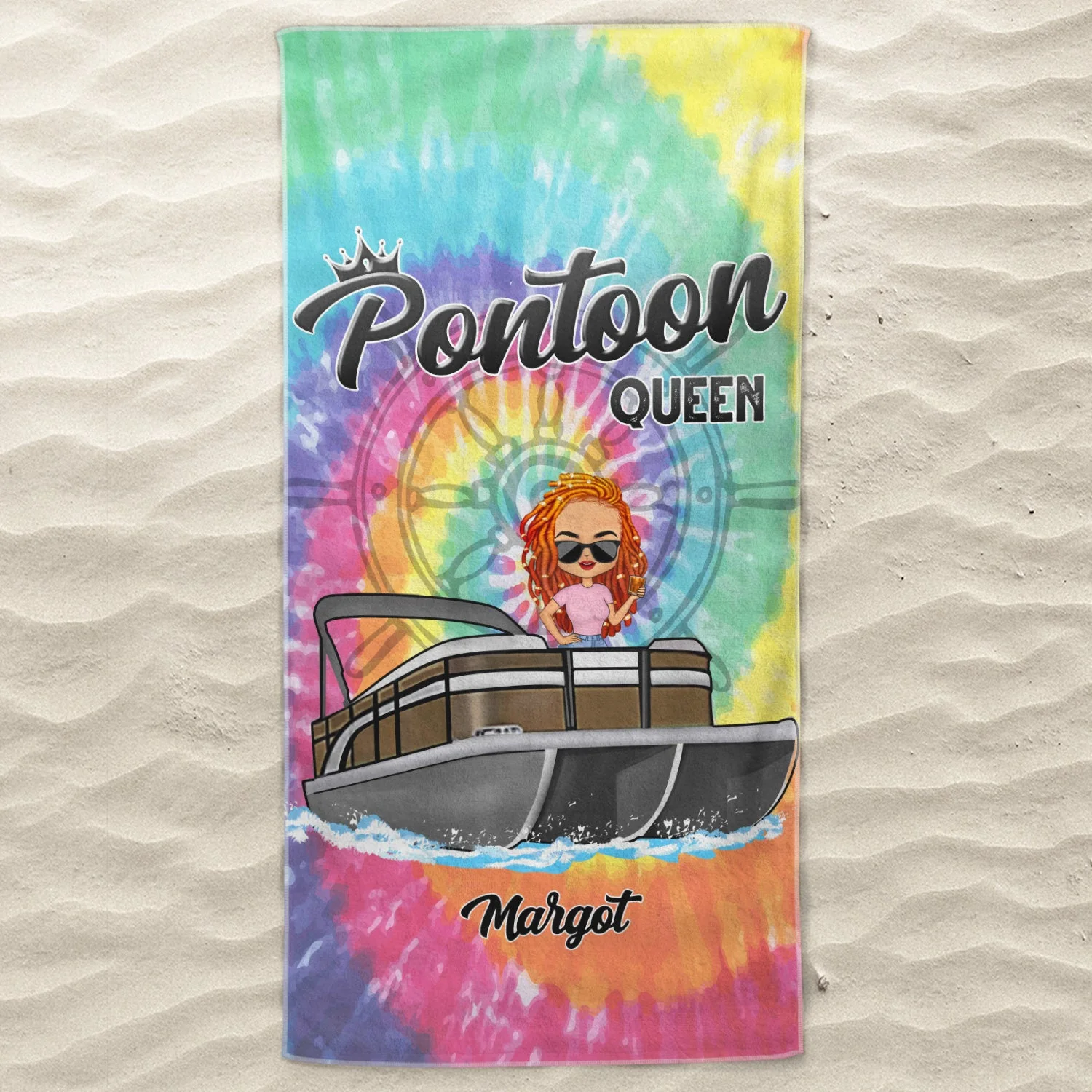 Tie Dye Pontoon Queen - Gift For Pontoon Owner - Personalized Custom Beach Towel - Image 3