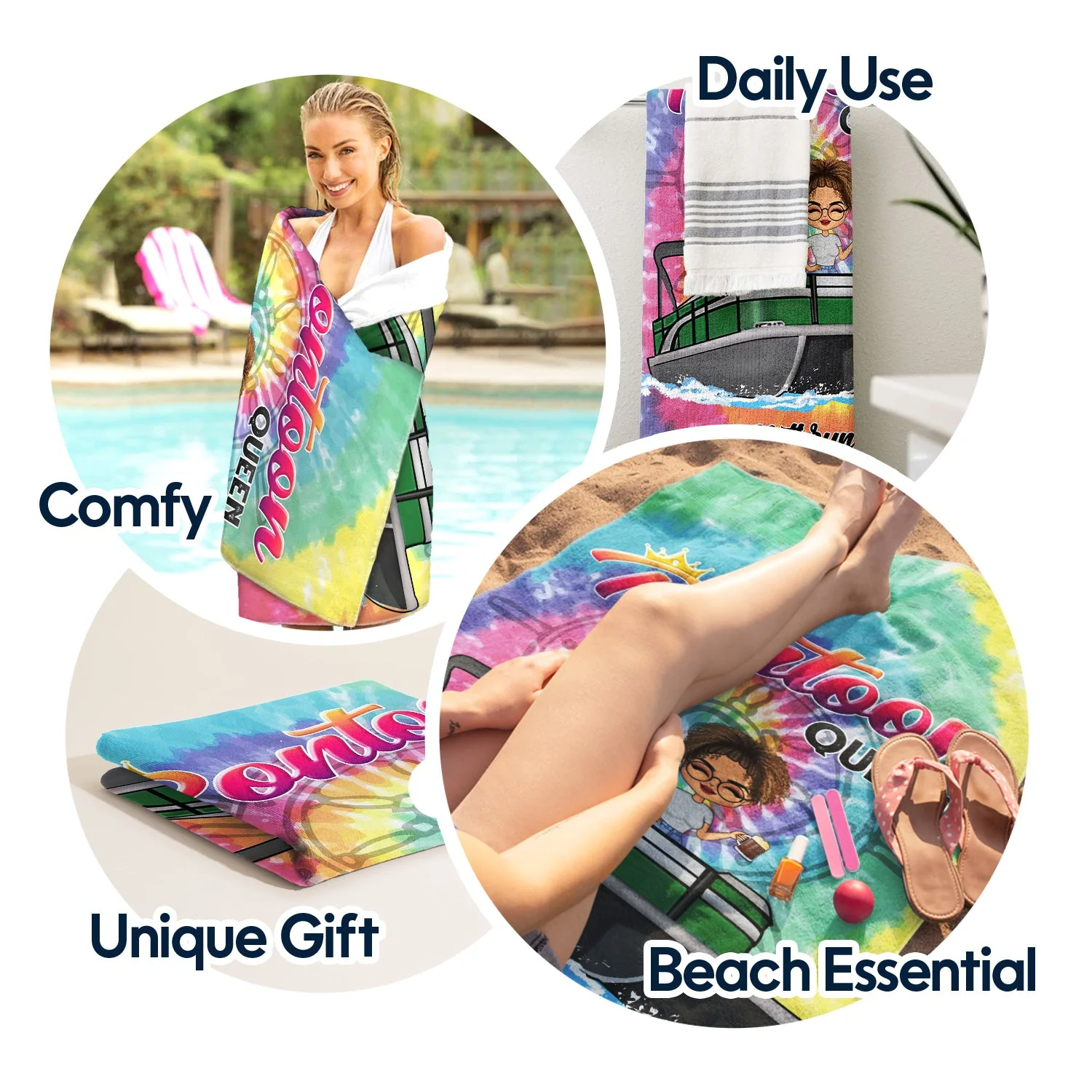 Tie Dye Pontoon Queen - Gift For Pontoon Owner - Personalized Custom Beach Towel - Image 5