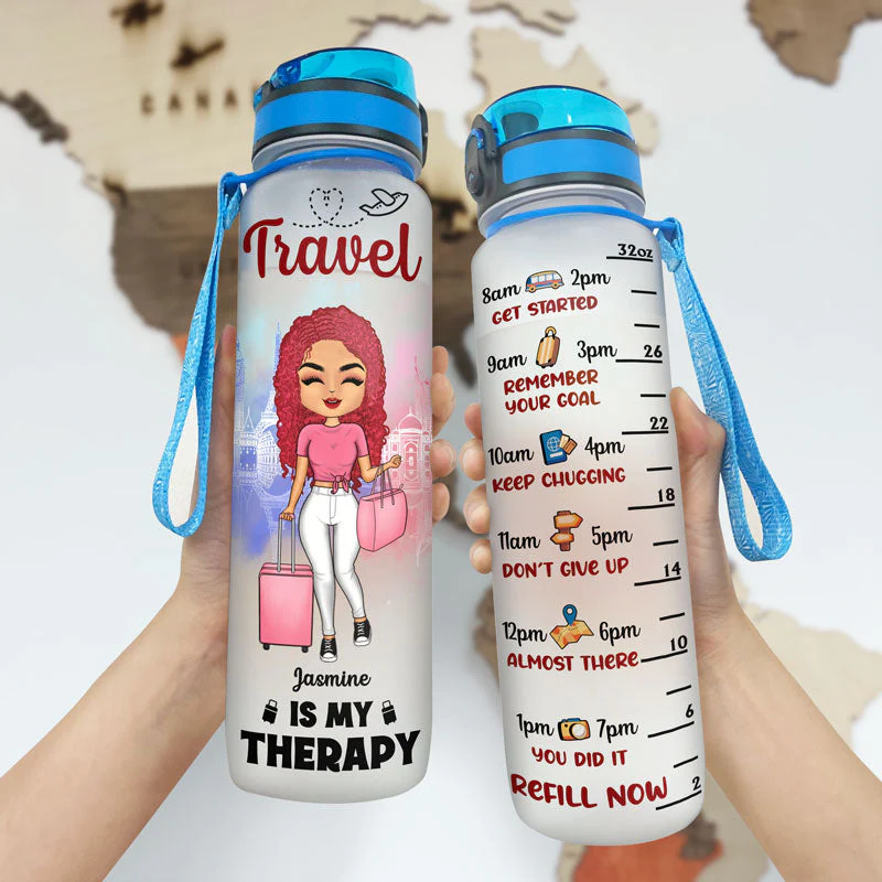 Time To Travel And Drink Your Water - Gift For Travel Lovers - Personalized Custom Water Tracker Bottle - Image 3