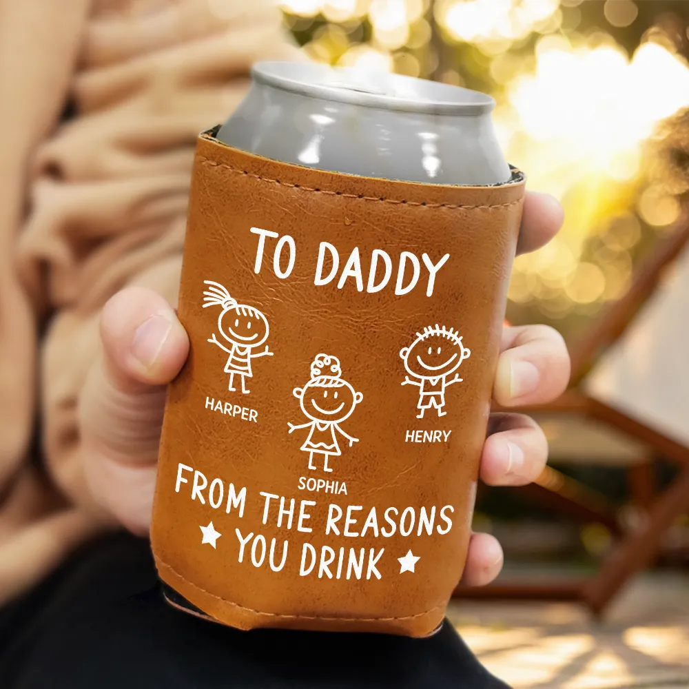 To Dad From The Reasons You Drink - Personalized Leather Can Cooler - Image 3