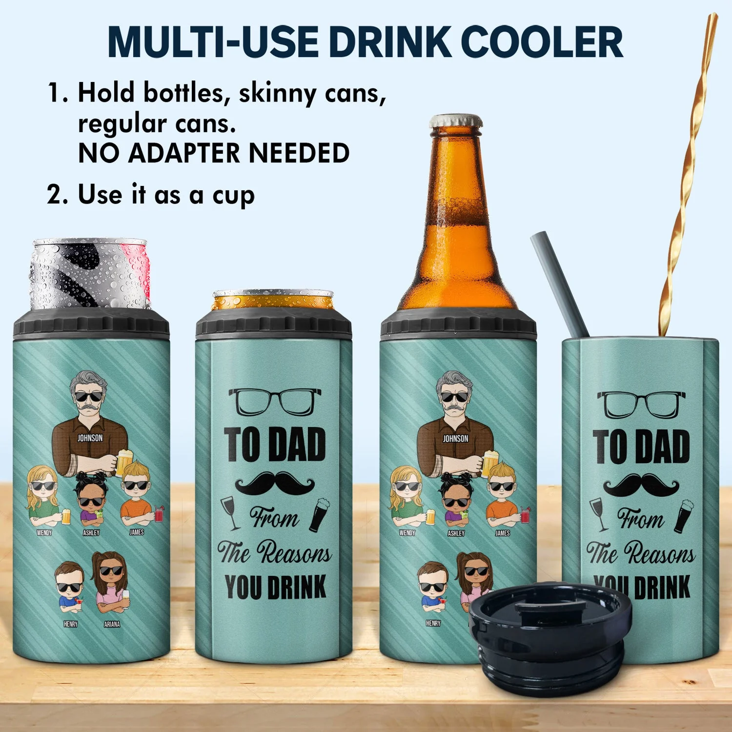 To Dad From The Reasons You Drink Striped Necktie - Gift For Father, Dad's Gift - Personalized Custom 4 In 1 Can Cooler Tumbler - Image 2