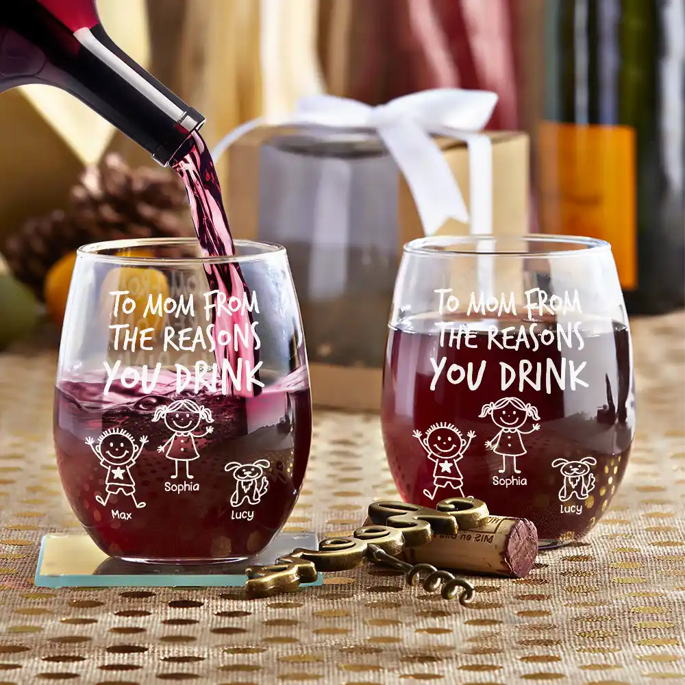 To Mom Dad From The Reasons You Drink Stick Figures Kid Pet - Personalized Stemless Wine Glass - Image 3