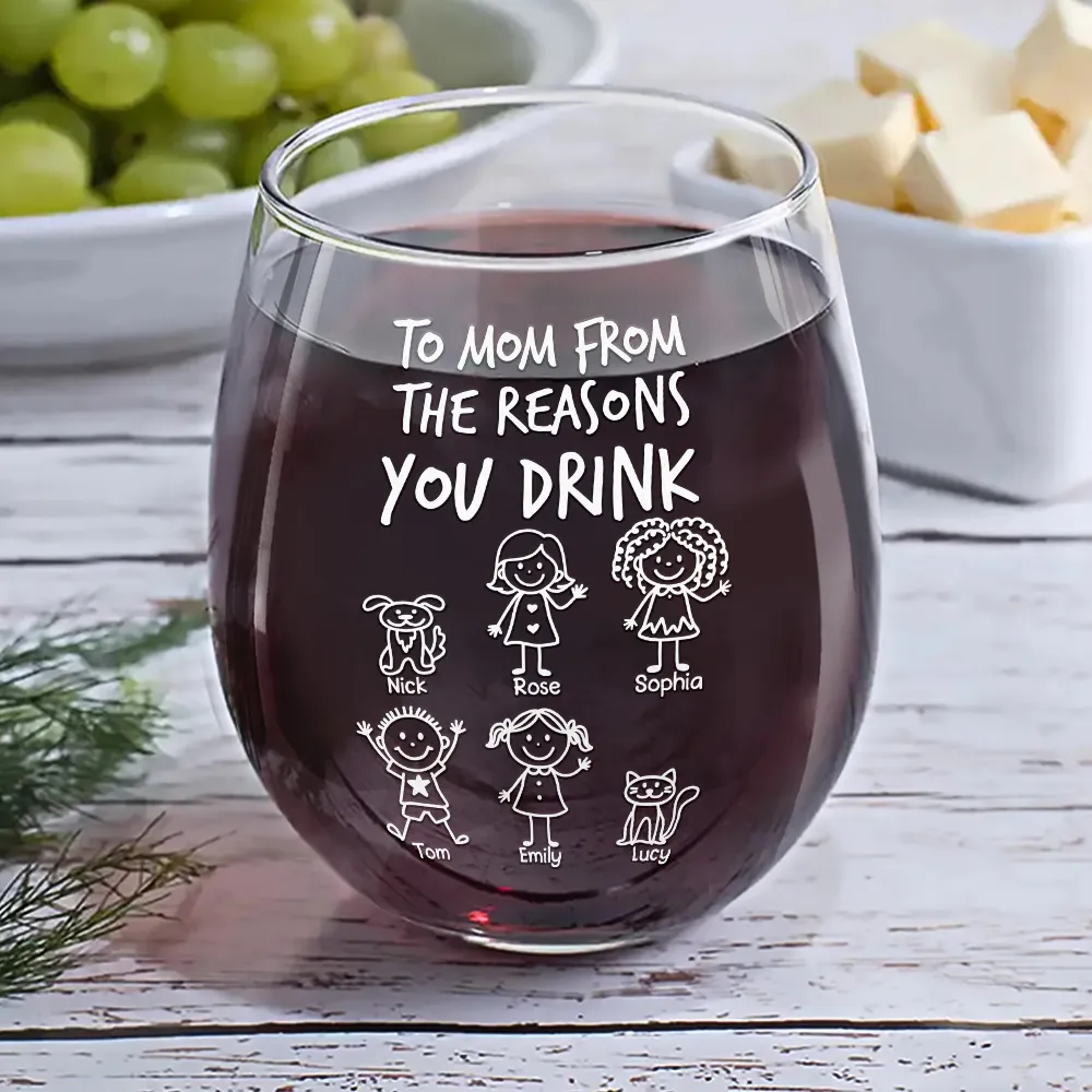 To Mom Dad From The Reasons You Drink Stick Figures Kid Pet - Personalized Stemless Wine Glass - Image 6