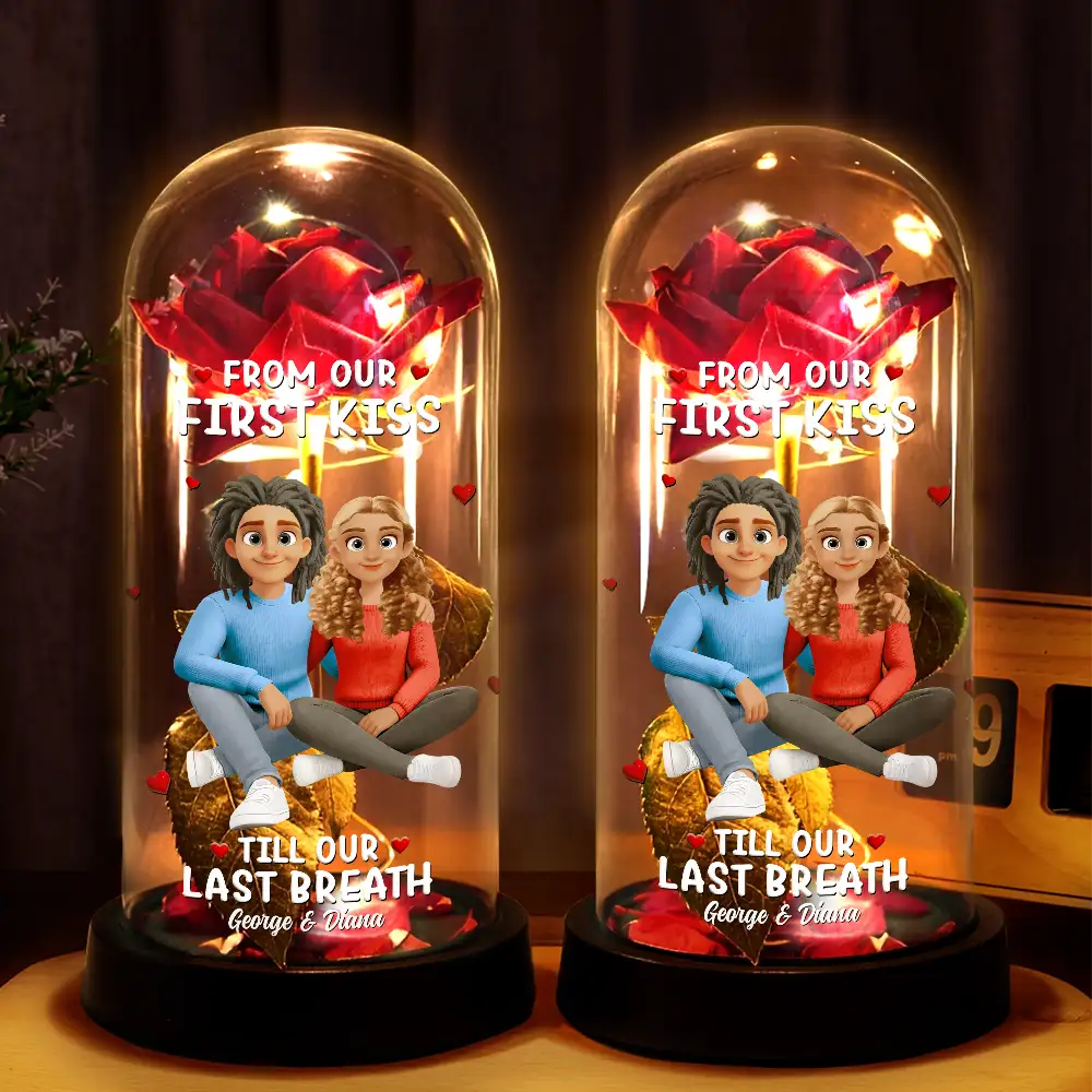 Together And Forever Yours Sitting Couple 3D Effect - Personalized Everlasting Rose Dome Lamp - Image 2