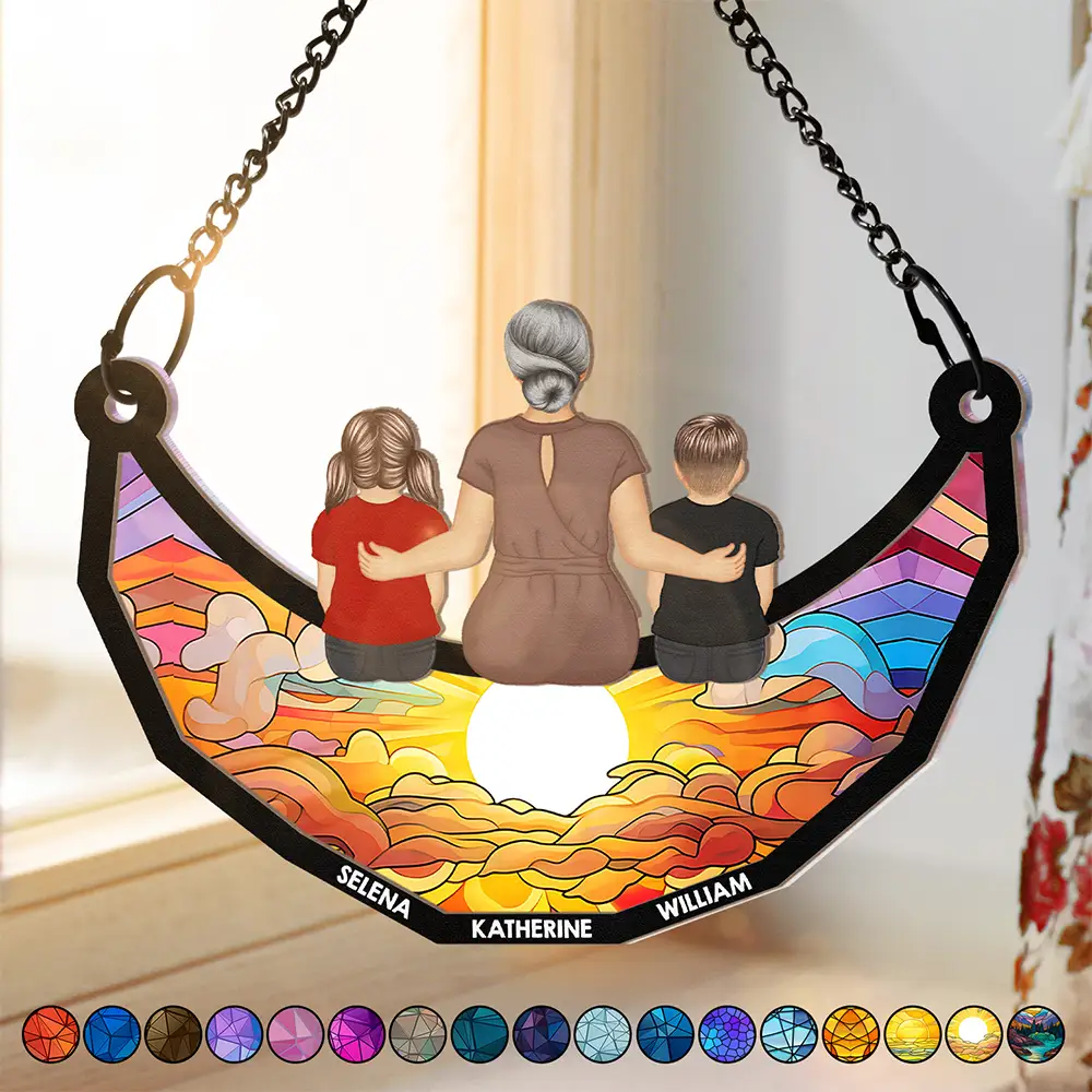 Together On The Moon Grandma, Mom And Children - Personalized Window Hanging Suncatcher Ornament - Image 2