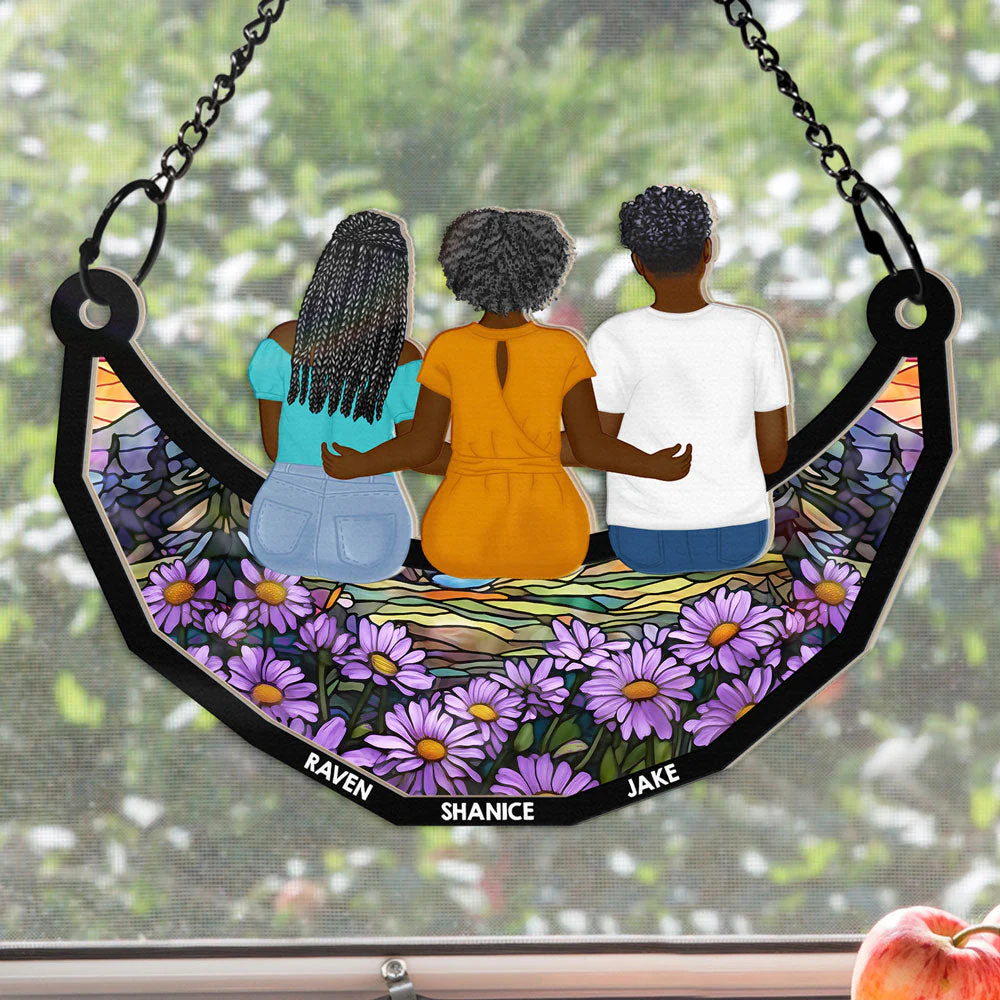 Together On The Moon Grandma, Mom And Children - Personalized Window Hanging Suncatcher Ornament - Image 3