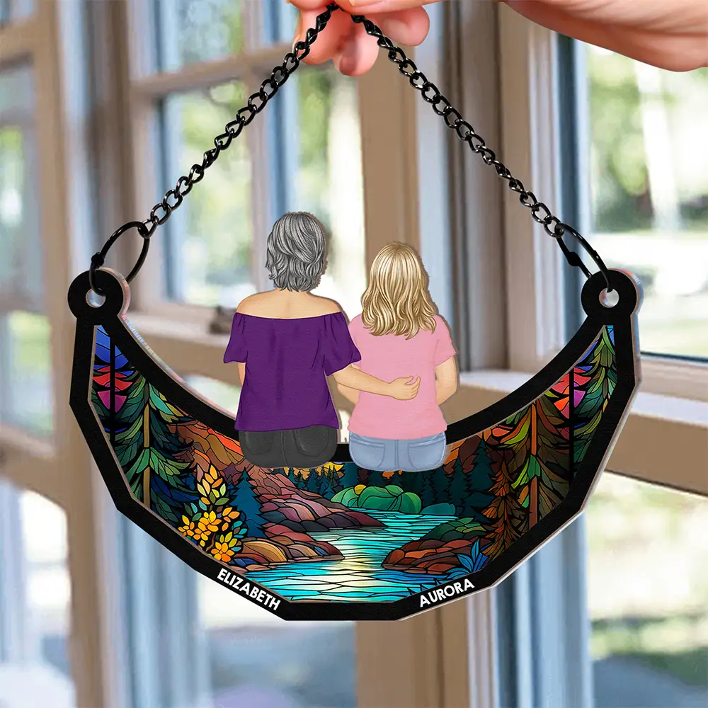 Together On The Moon Grandma, Mom And Children - Personalized Window Hanging Suncatcher Ornament - Image 4