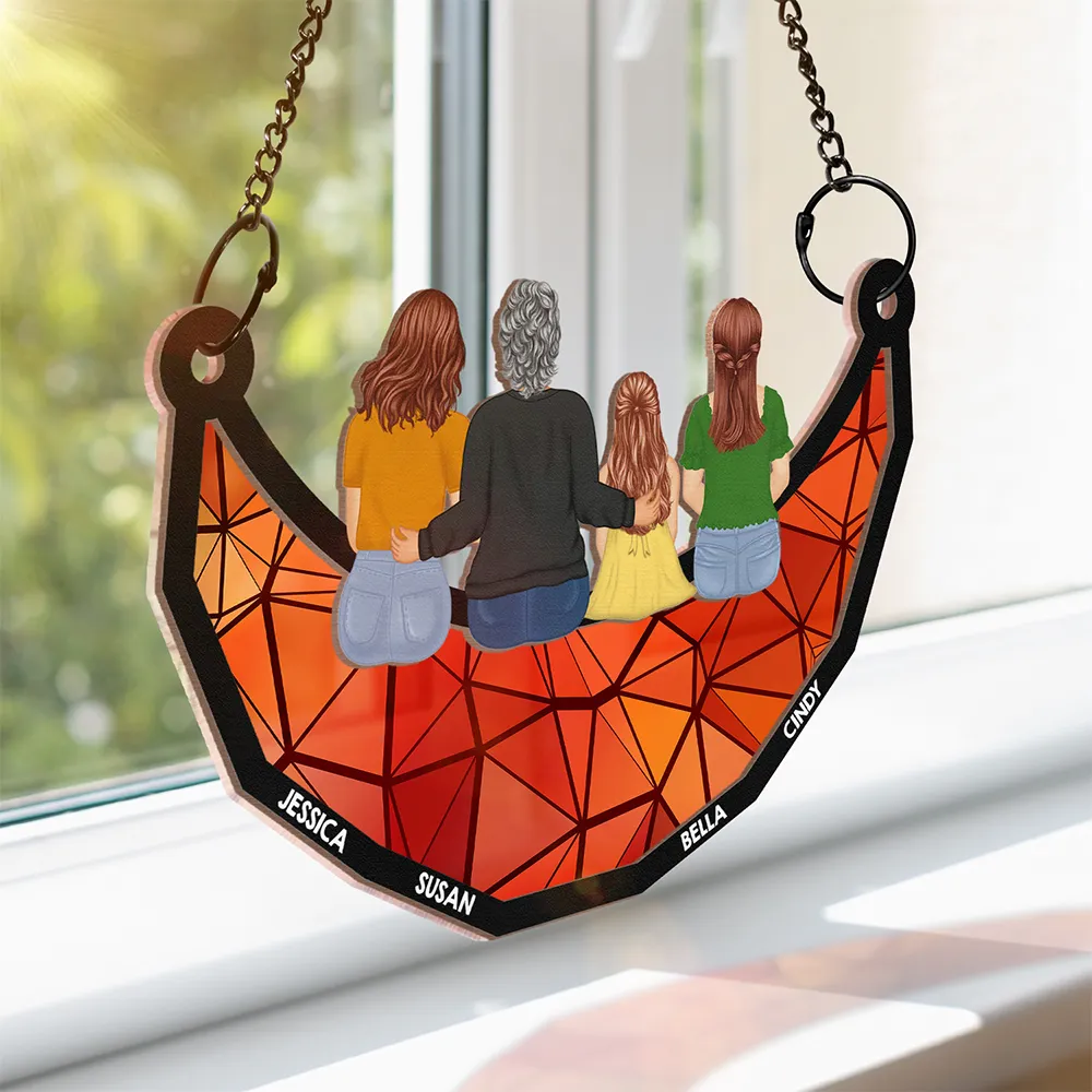 Together On The Moon Grandma, Mom And Children - Personalized Window Hanging Suncatcher Ornament - Image 5