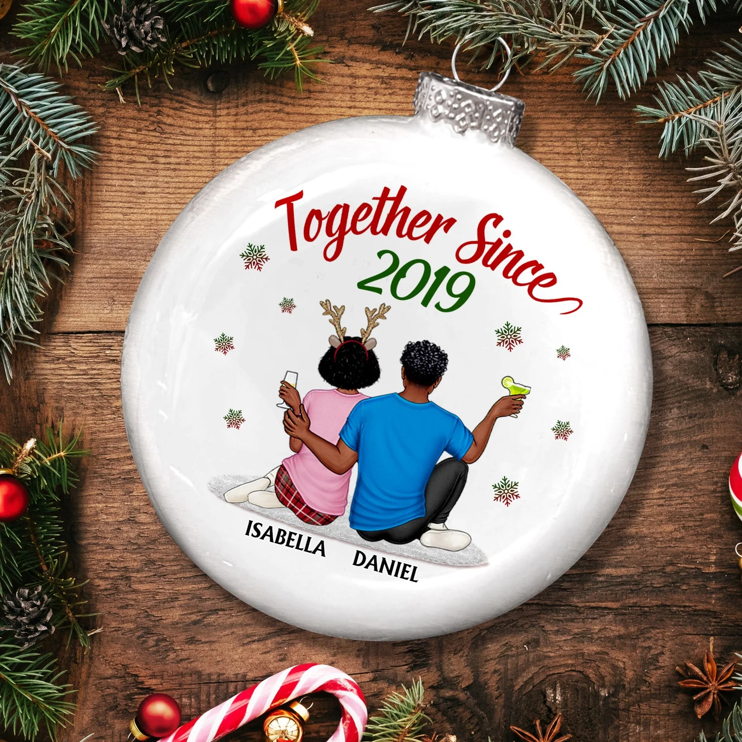 Together Since - Christmas Gift For Couples, Husband, Wife - Personalized White Flat Ball Ornament - Image 4