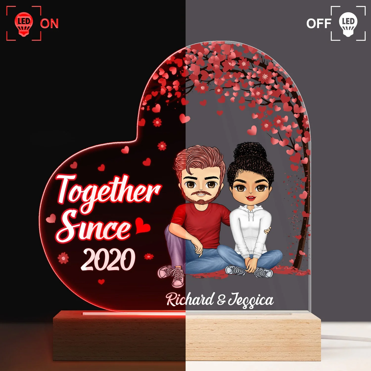 Together Since Couple - Anniversary, Birthday Gift For Spouse, Husband, Wife, Boyfriend, Girlfriend - Personalized Custom 3D Led Light Wooden Base - Image 3
