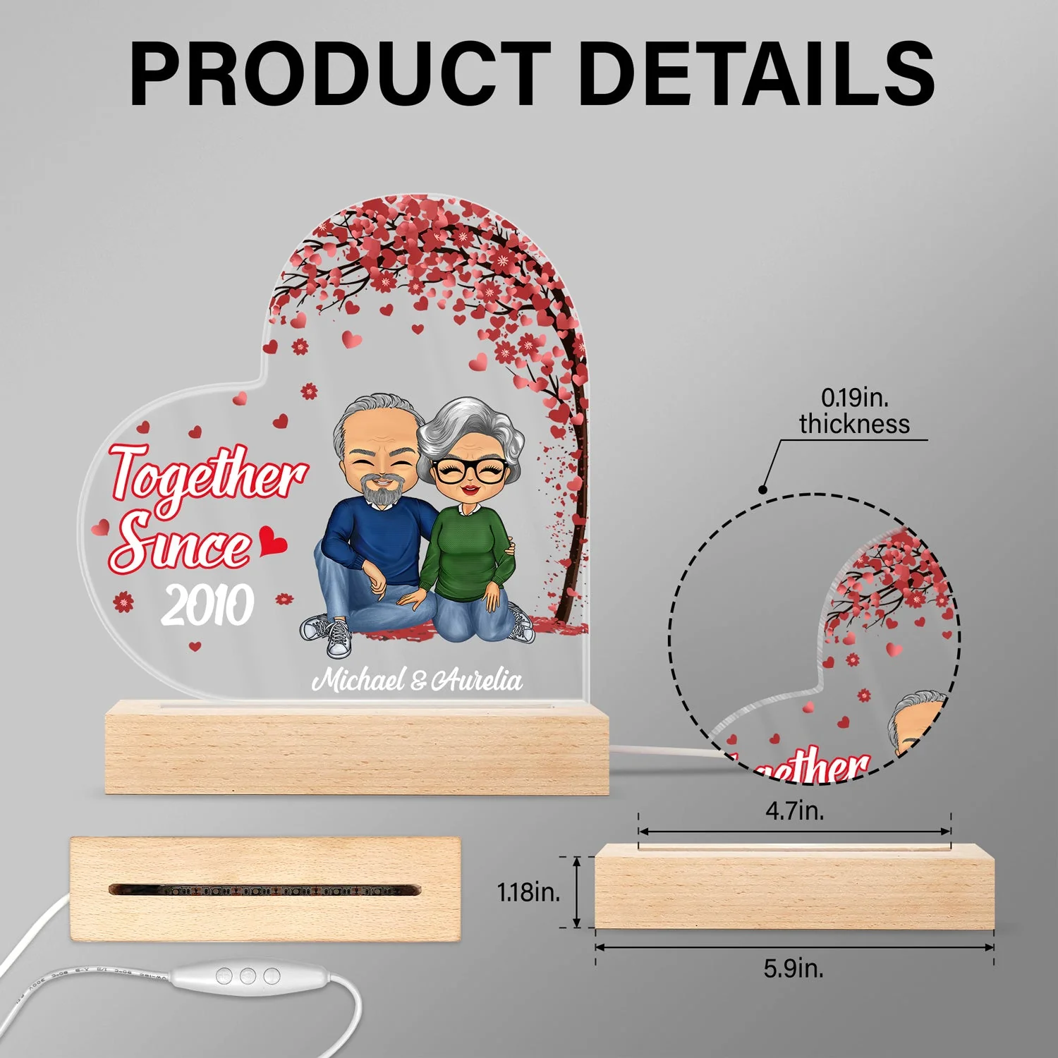 Together Since Couple - Anniversary, Birthday Gift For Spouse, Husband, Wife, Boyfriend, Girlfriend - Personalized Custom 3D Led Light Wooden Base - Image 5