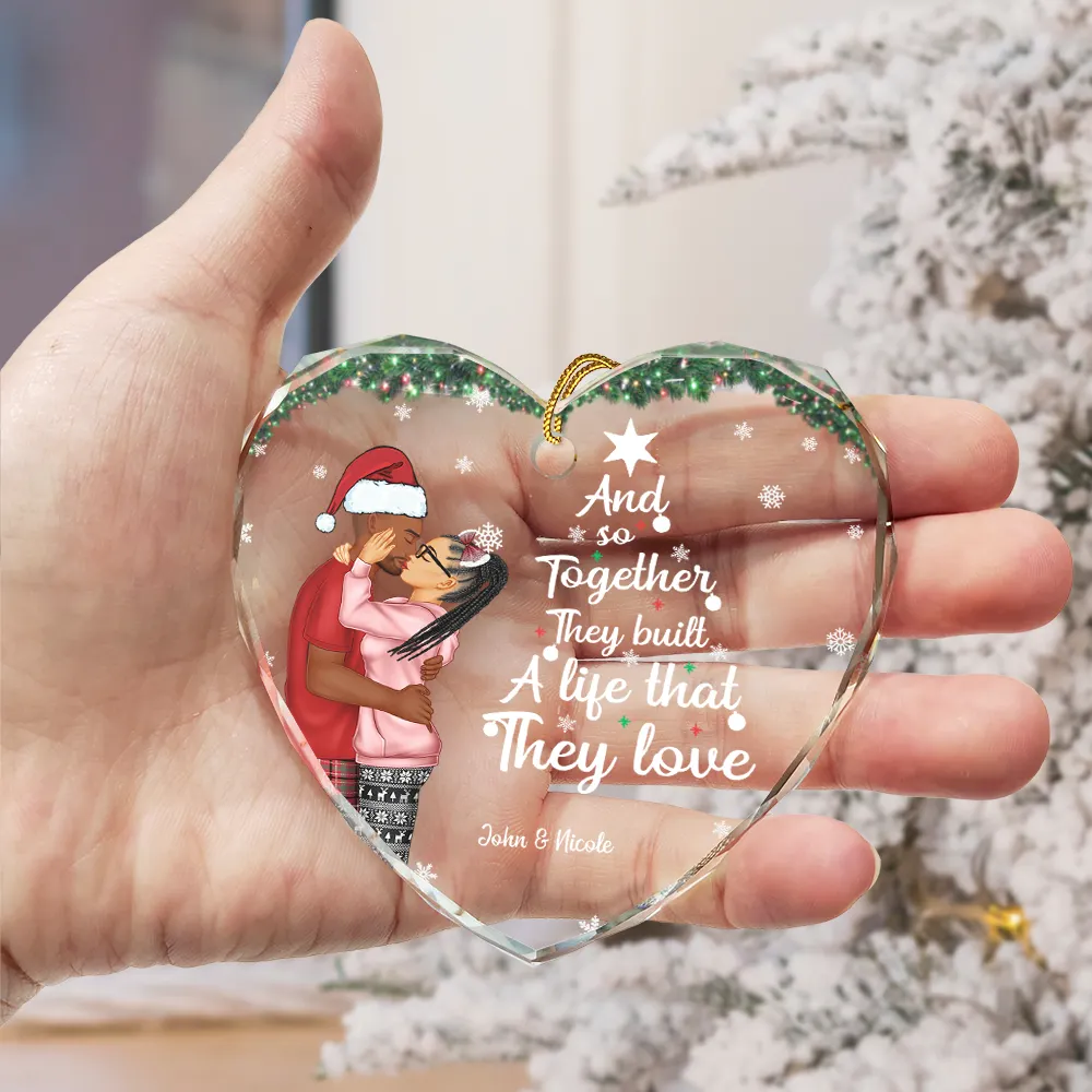 Together They Built A Life They Loved - Personalized Heart Shaped Glass Ornament - Image 3
