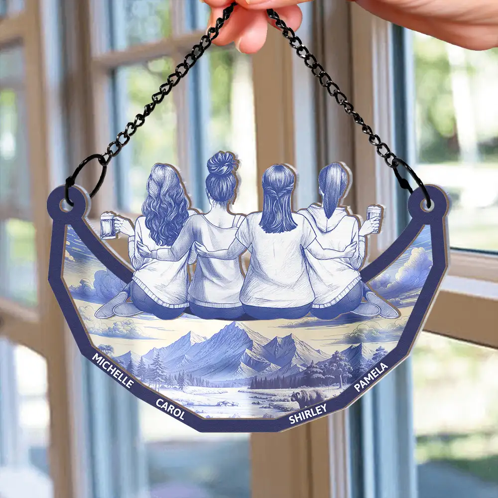 Toile Art Bestie Sitting On The Moon - Personalized Window Hanging Suncatcher Ornament - Image 2
