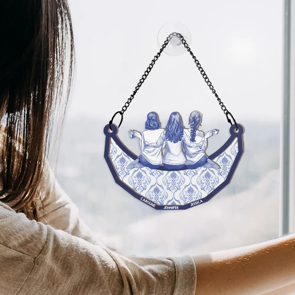 Toile Art Bestie Sitting On The Moon - Personalized Window Hanging Suncatcher Ornament - Image 4