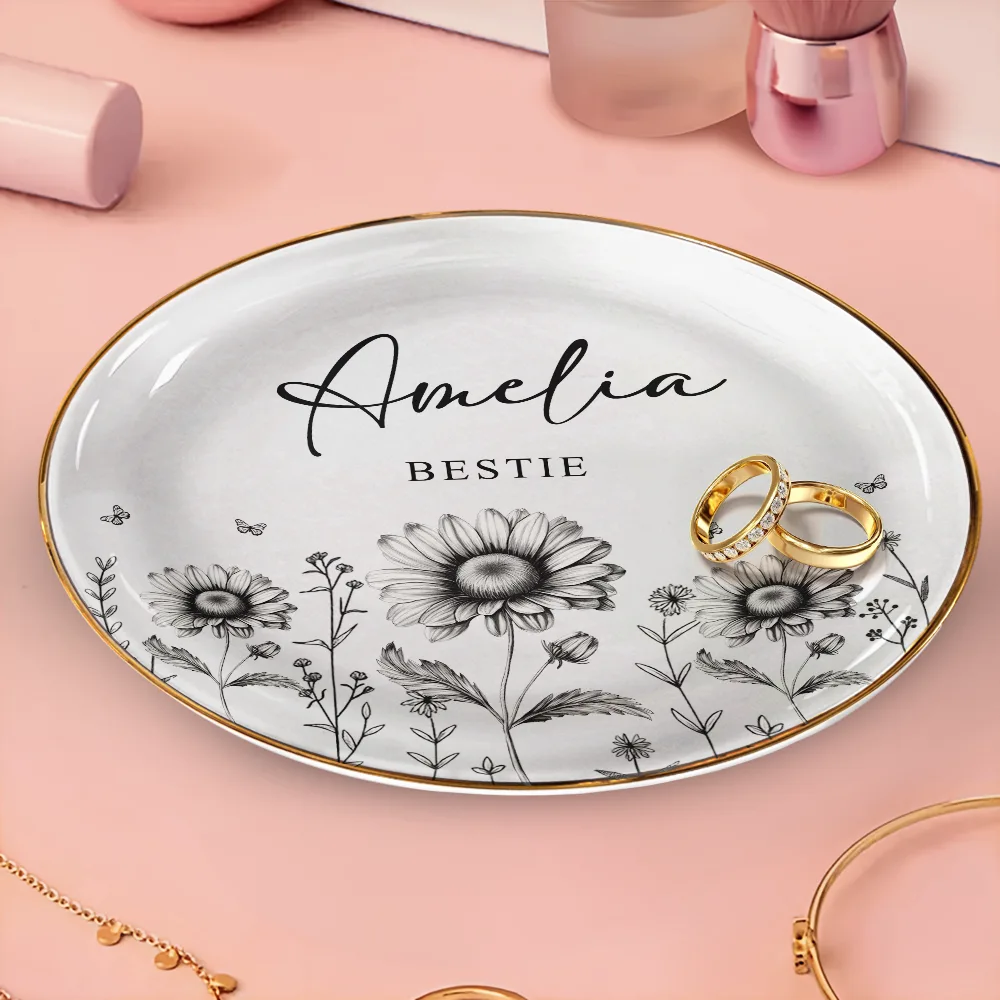 Toile Birth Flower Forever Friend - Personalized Round Ring Dish - Image 3