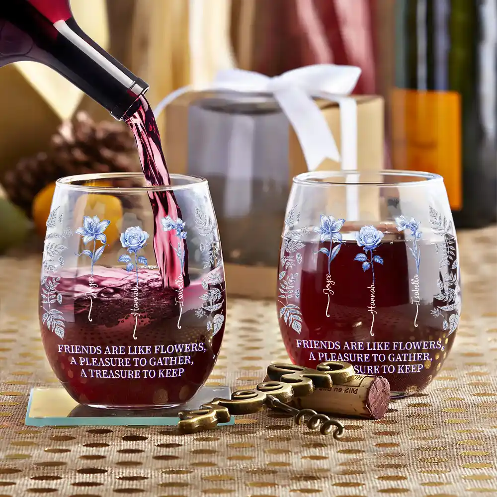 Toile Birth Flower Grow An Old Friend Bestie - Personalized Stemless Wine Glass - Image 3