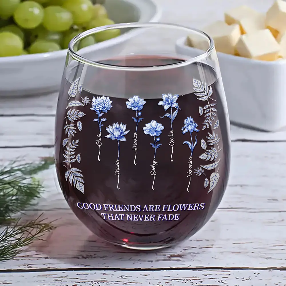 Toile Birth Flower Grow An Old Friend Bestie - Personalized Stemless Wine Glass - Image 6
