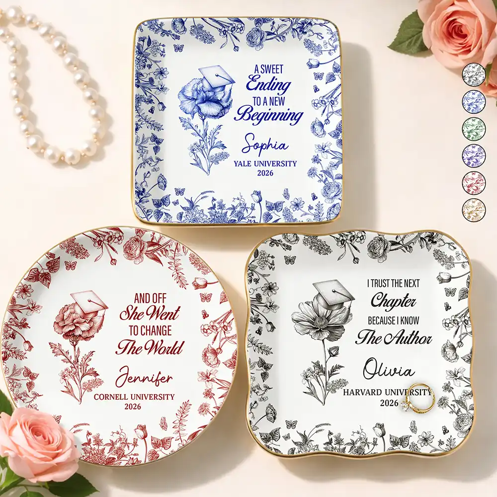 Toile Birth Month Flower Congrats Grad - Personalized Ring Dish