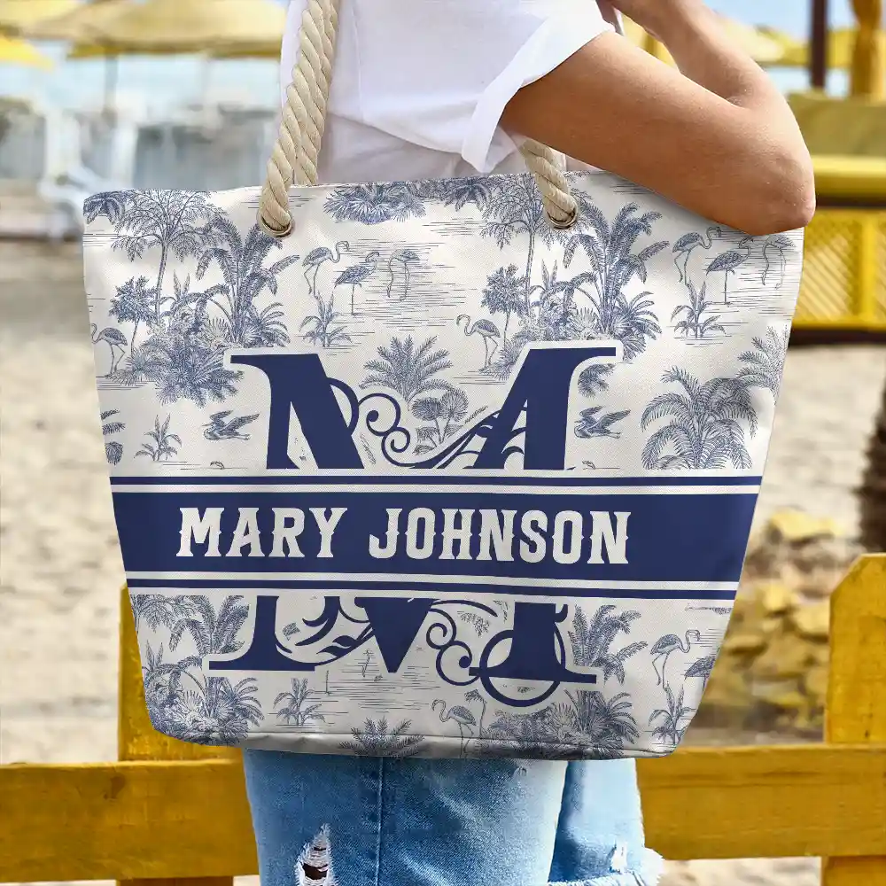 Toile De Jouy Beach Pattern Monogram - Personalized Beach Bag - Image 3