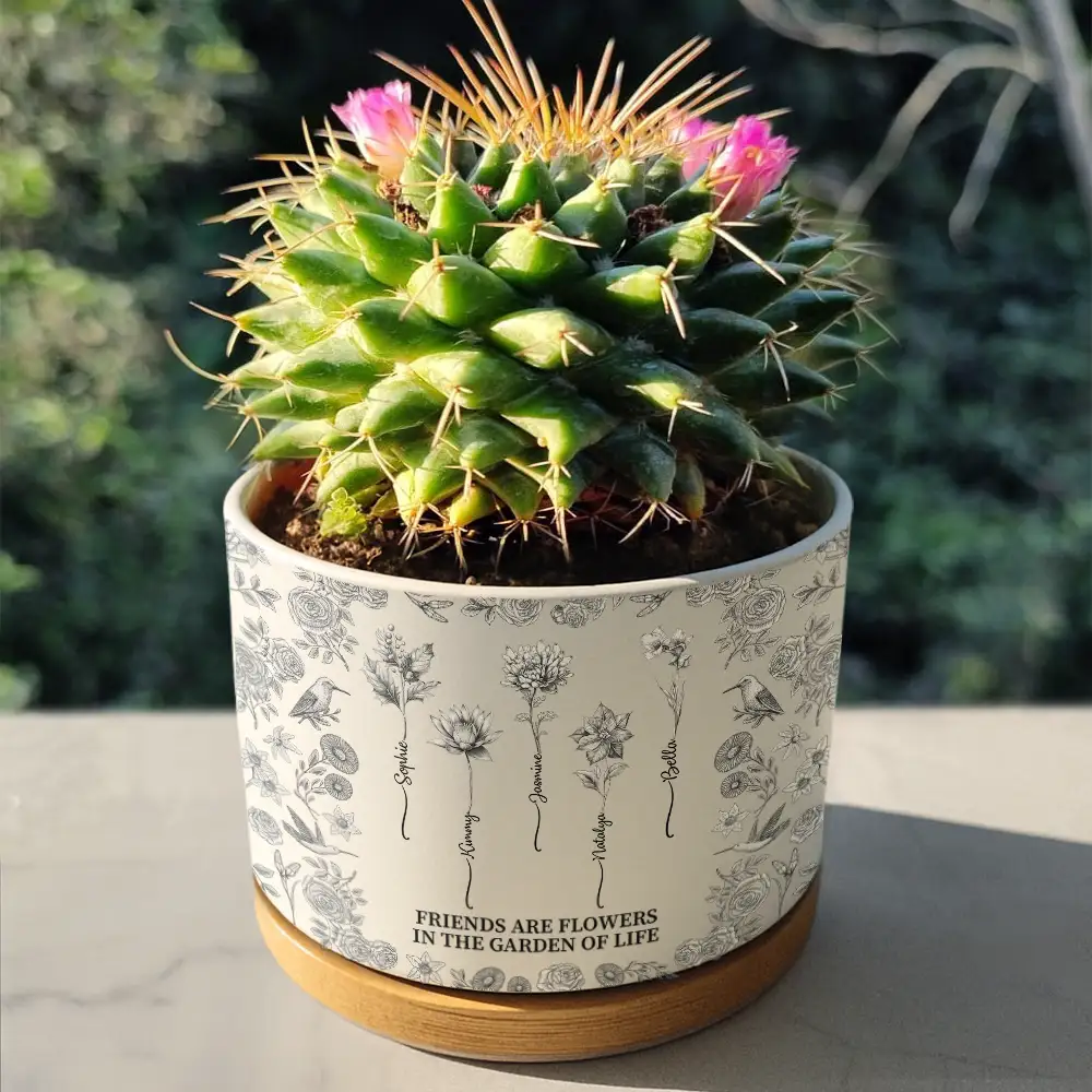 Toile De Jouy Birth Flower Grow An Old Friend - Personalized Ceramic Plant Pot - Image 4