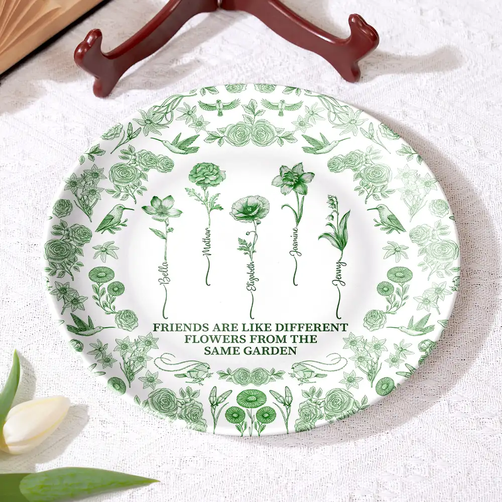 Toile De Jouy Birth Flower Grow An Old Friend - Personalized Ceramic Plate - Image 4