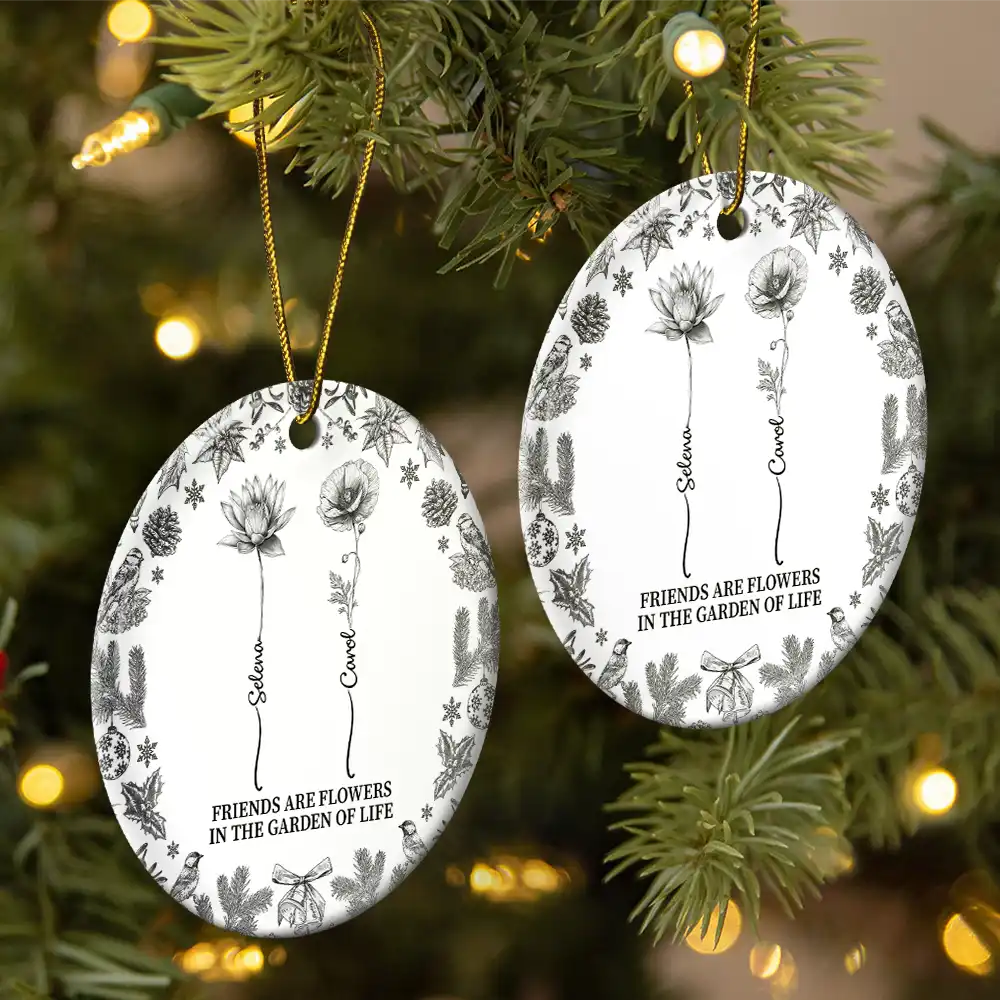 Toile De Jouy Birth Flower Grow An Old Friend - Personalized Circle Ceramic Ornament - Image 2