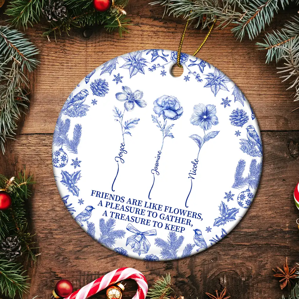 Toile De Jouy Birth Flower Grow An Old Friend - Personalized Circle Ceramic Ornament - Image 5