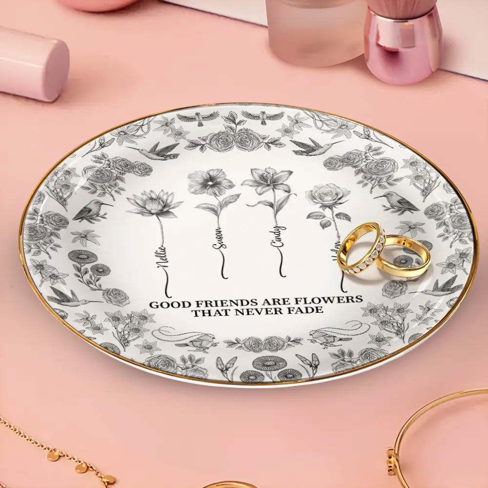 Toile De Jouy Birth Flower Grow An Old Friend - Personalized Round Ring Dish - Image 3