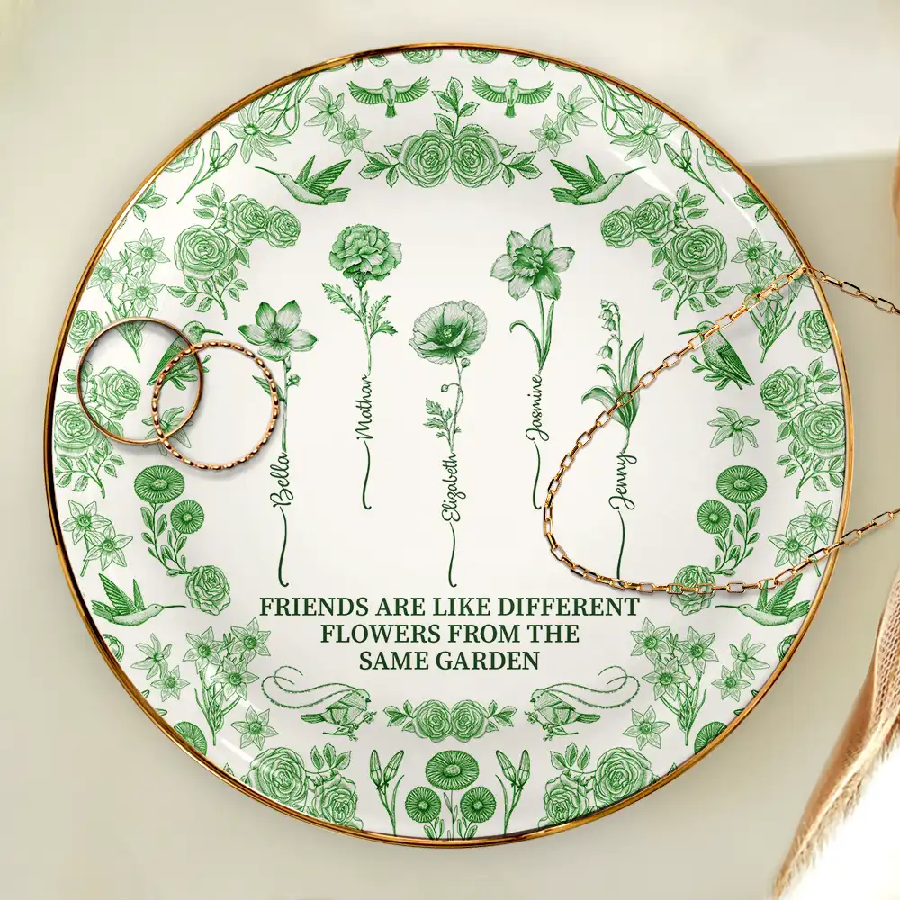 Toile De Jouy Birth Flower Grow An Old Friend - Personalized Round Ring Dish - Image 4