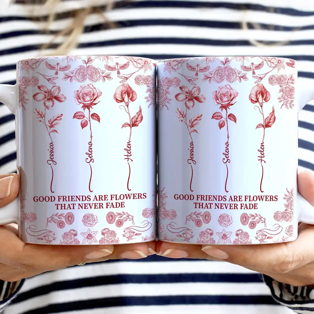 Toile De Jouy Birth Flower Grow An Old Friend - Personalized White Edge-to-Edge Mug - Image 2