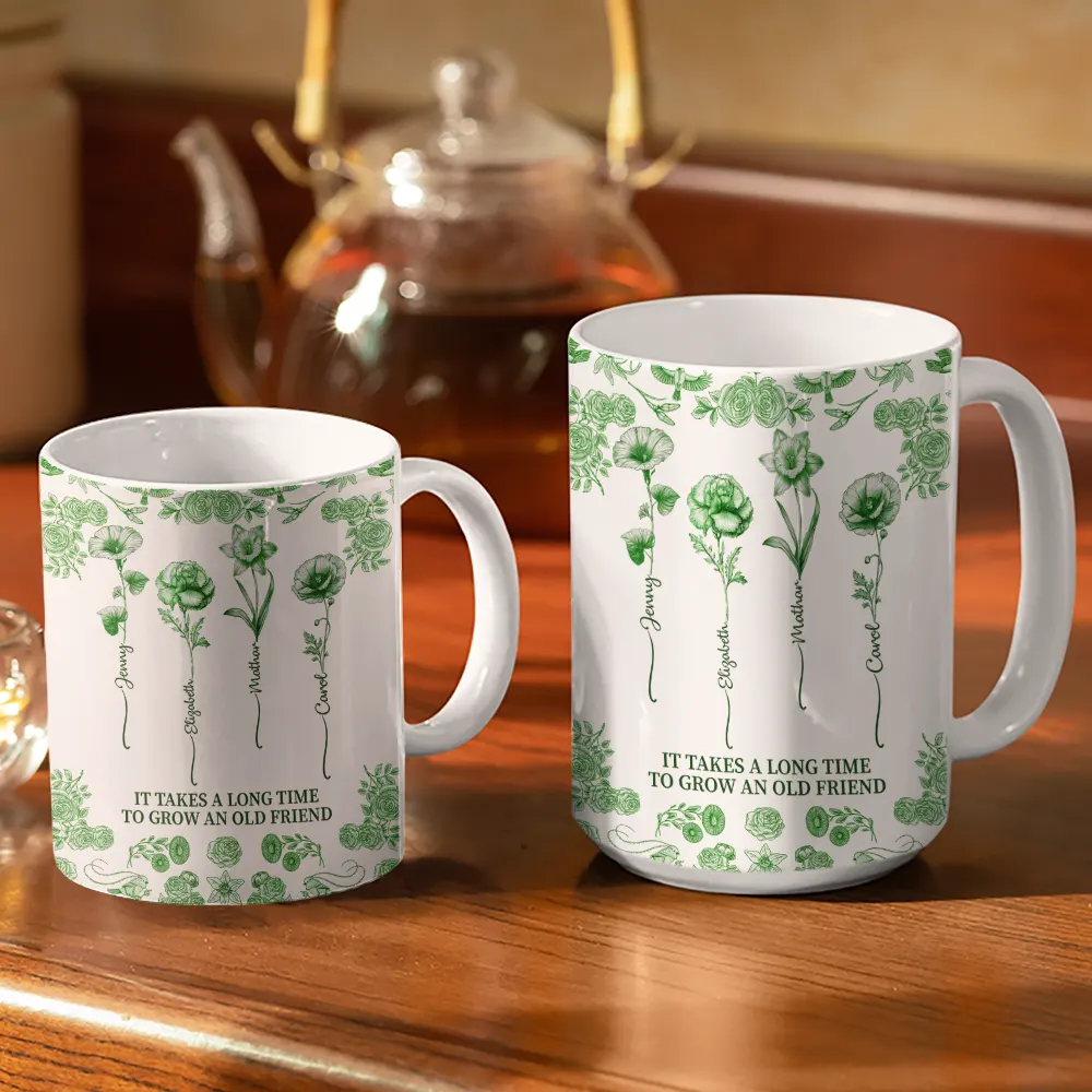 Toile De Jouy Birth Flower Grow An Old Friend - Personalized White Edge-to-Edge Mug - Image 3