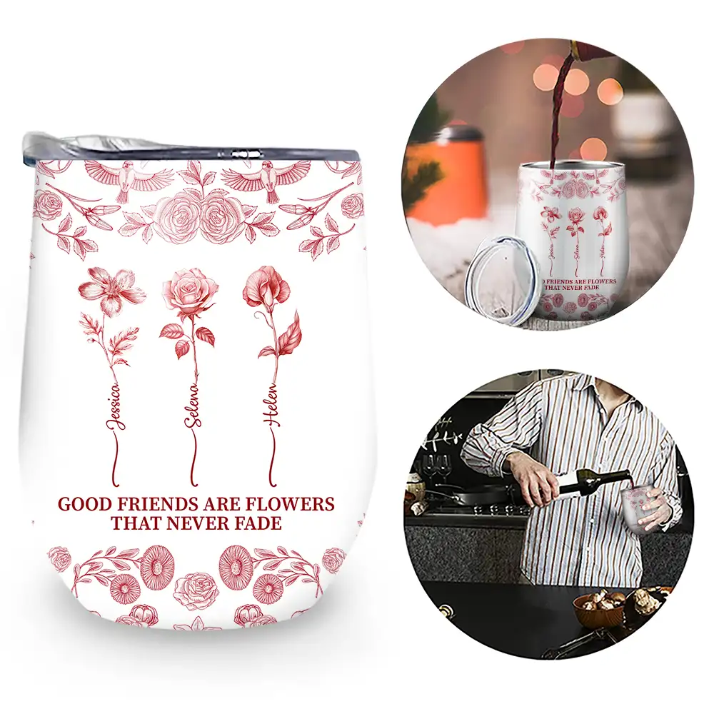 Toile De Jouy Birth Flower Grow An Old Friend - Personalized Wine Tumbler - Image 2