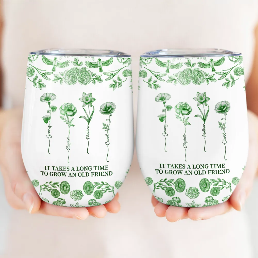 Toile De Jouy Birth Flower Grow An Old Friend - Personalized Wine Tumbler - Image 3