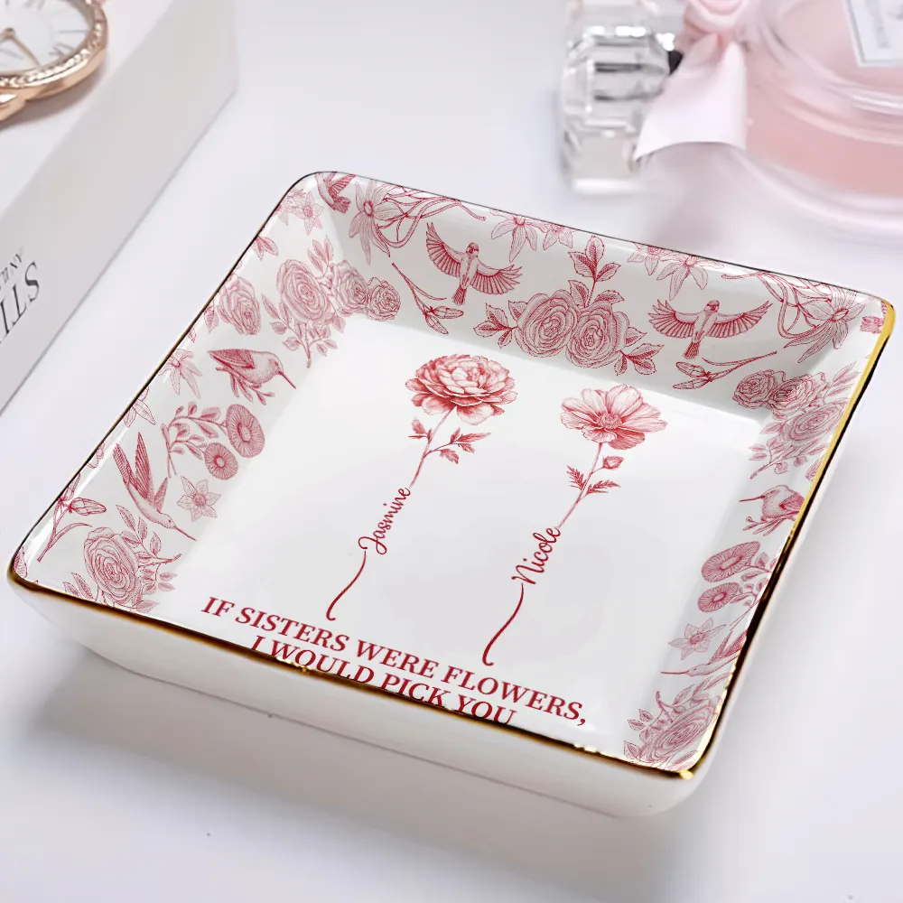 Toile De Jouy Birth Flower Sisters From The Same Garden - Personalized Ring Dish - Image 2