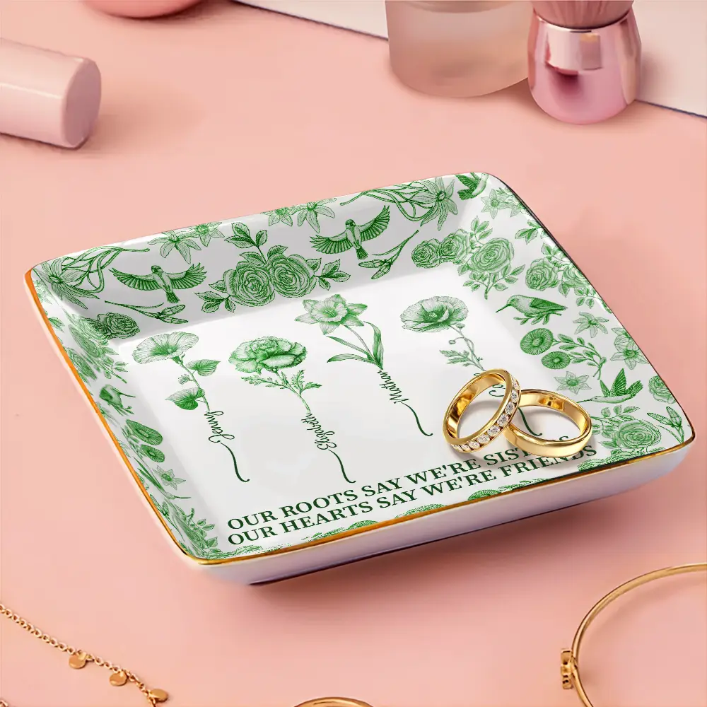 Toile De Jouy Birth Flower Sisters From The Same Garden - Personalized Ring Dish - Image 3