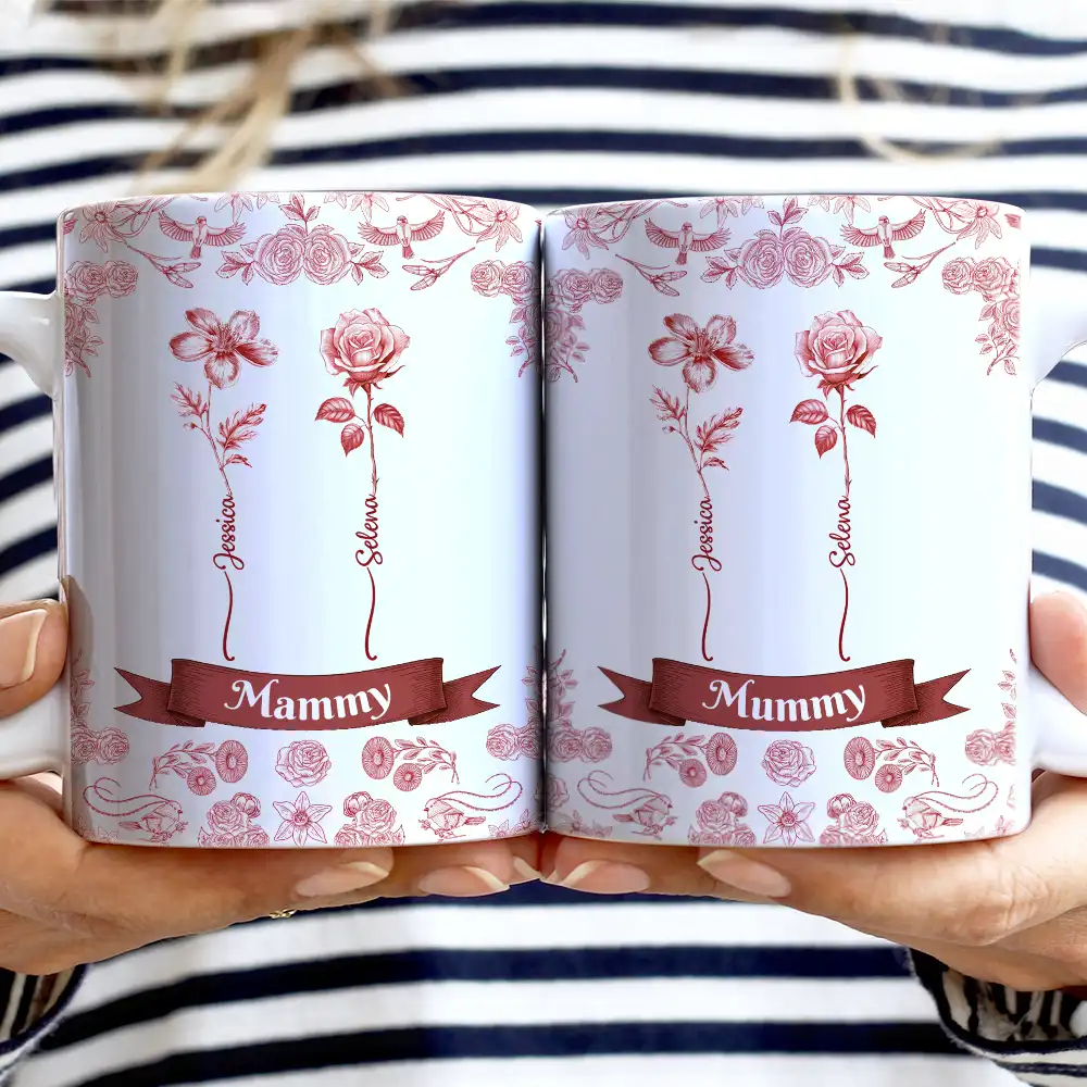 Toile De Jouy Birth Flowers For Grandma And Mom - Personalized White Edge-to-Edge Mug - Image 2