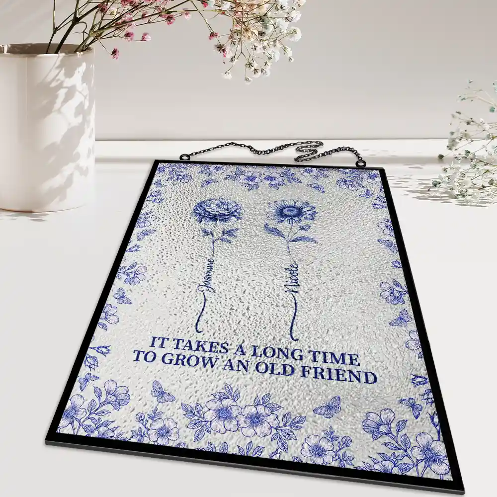 Toile De Jouy Butterfly Birth Flower Grow An Old Friend - Personalized Vertical Stained Glass Suncatcher - Image 5