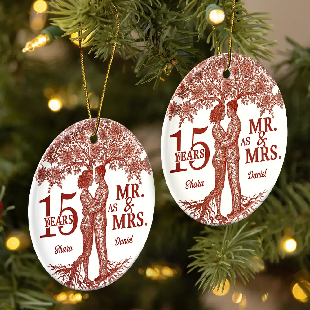 Toile De Jouy Couple Wedding Anniversary Gift - Personalized Circle Ceramic Ornament - Image 2