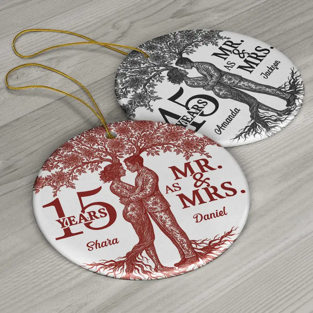 Toile De Jouy Couple Wedding Anniversary Gift - Personalized Circle Ceramic Ornament - Image 6