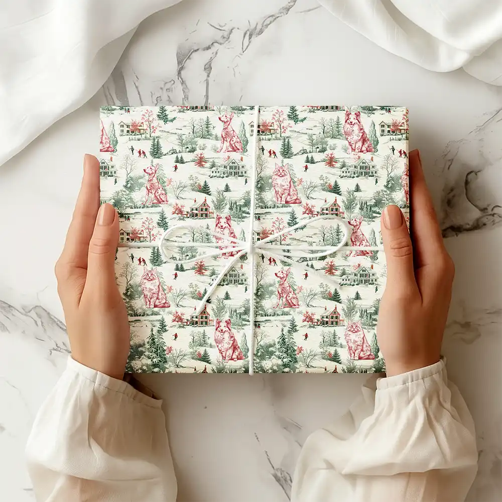 Toile De Jouy Dog Cat Winter Town - Personalized Wrapping Paper - Image 2