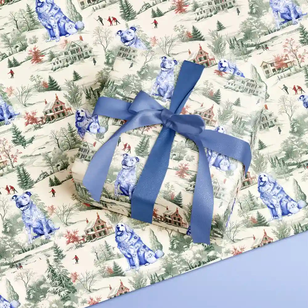 Toile De Jouy Dog Cat Winter Town - Personalized Wrapping Paper - Image 4
