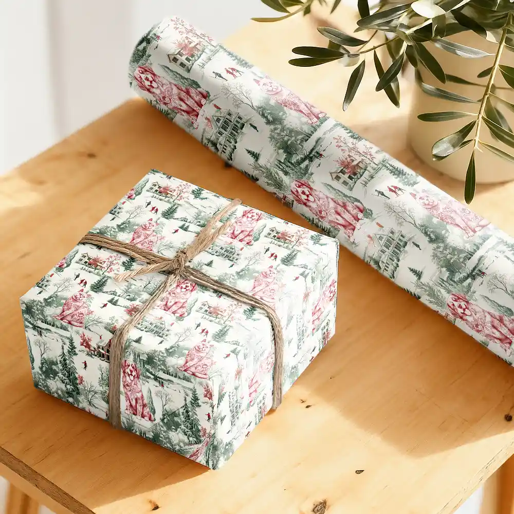 Toile De Jouy Dog Cat Winter Town - Personalized Wrapping Paper - Image 5
