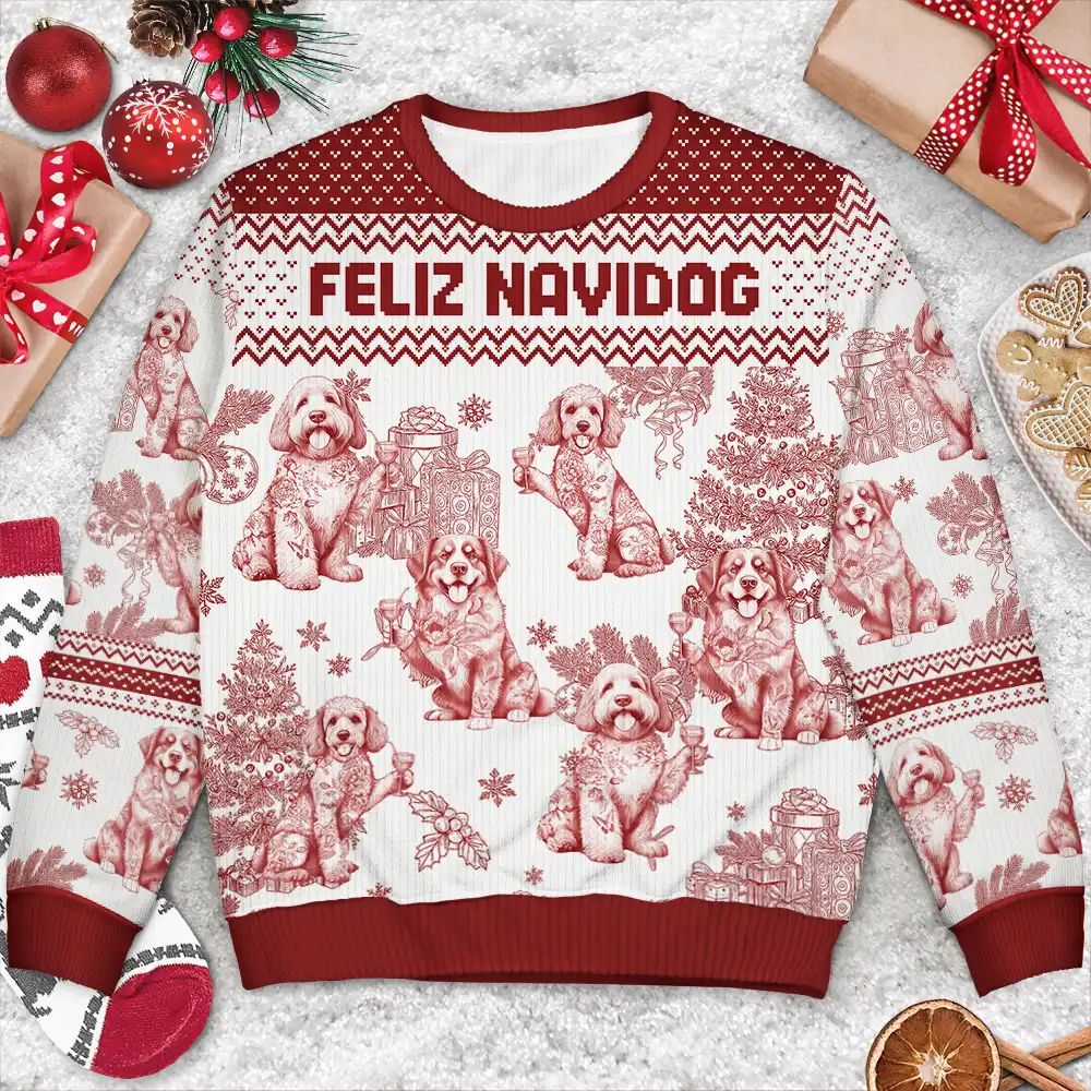 Toile De Jouy Feliz Navidog - Personalized Unisex Ugly Sweater - Image 3